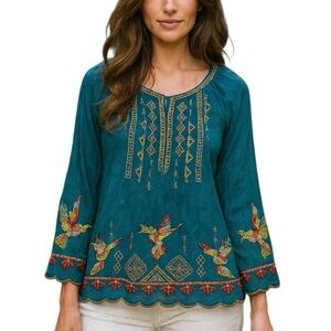 Johnny Was Tessa heavily embroidered hummingbird blouse incredibly rare color